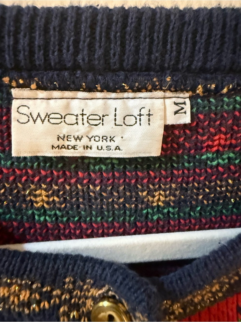 Vintage Sweater Loft Christmas Navy & Red Cat Patchwork Cardigan Sweater - Picture 8 of 10